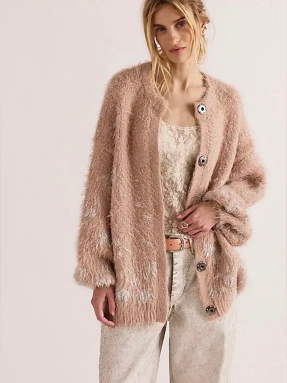 Free People Wish Fuzzy Cardigan - Silver Rose Combo